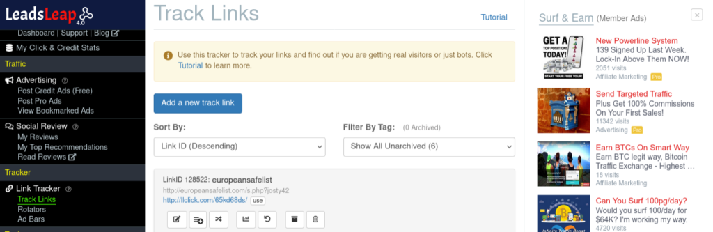 The link tracker on LeadsLeap traffic exchange