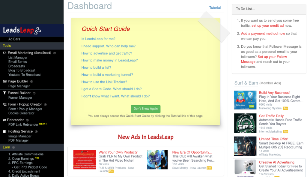 The LeadsLeap control panel