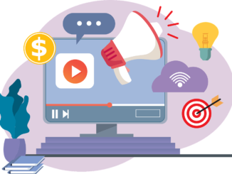 computer, marketing, megaphone, announcement, nature, digital marketing, video marketing, technology, flat drawing, plant, desk, office, cloud