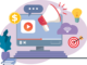 computer, marketing, megaphone, announcement, nature, digital marketing, video marketing, technology, flat drawing, plant, desk, office, cloud